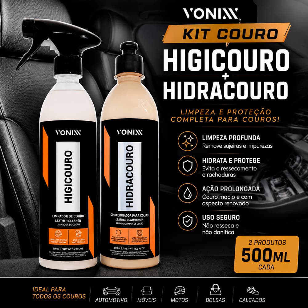 Kit Couro Vonixx Higicouro Hidracouro 500ml Limpeza Hidratação Proteção
