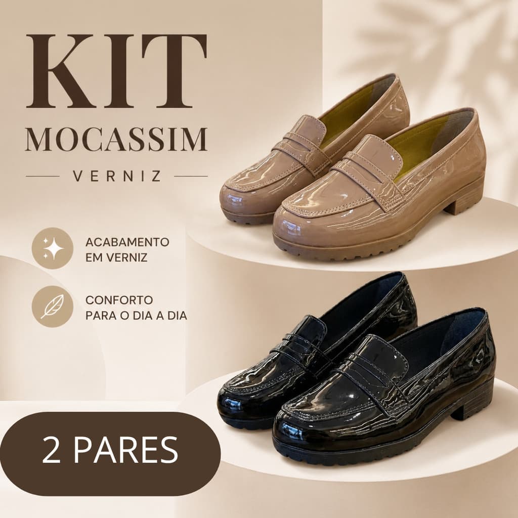 Kit Mocassim Verniz Feminino – Elegância, Conforto e Versatilidade