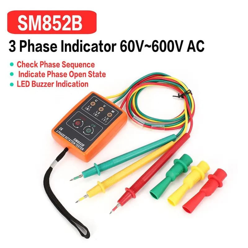 Testador de Rotação de 3 Fases SM852B, Detector Digital de Fases, Medidor de Sequência de Fases com LED e Alarme Sonoro,