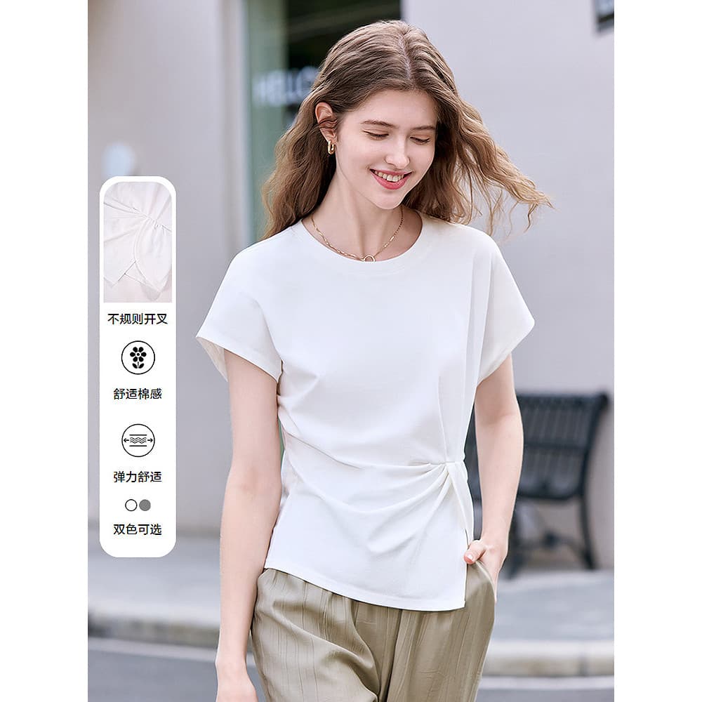 Cem fotos Irregular bainha dividida camiseta mangas Raglan cor sólida minimalista All-Ma