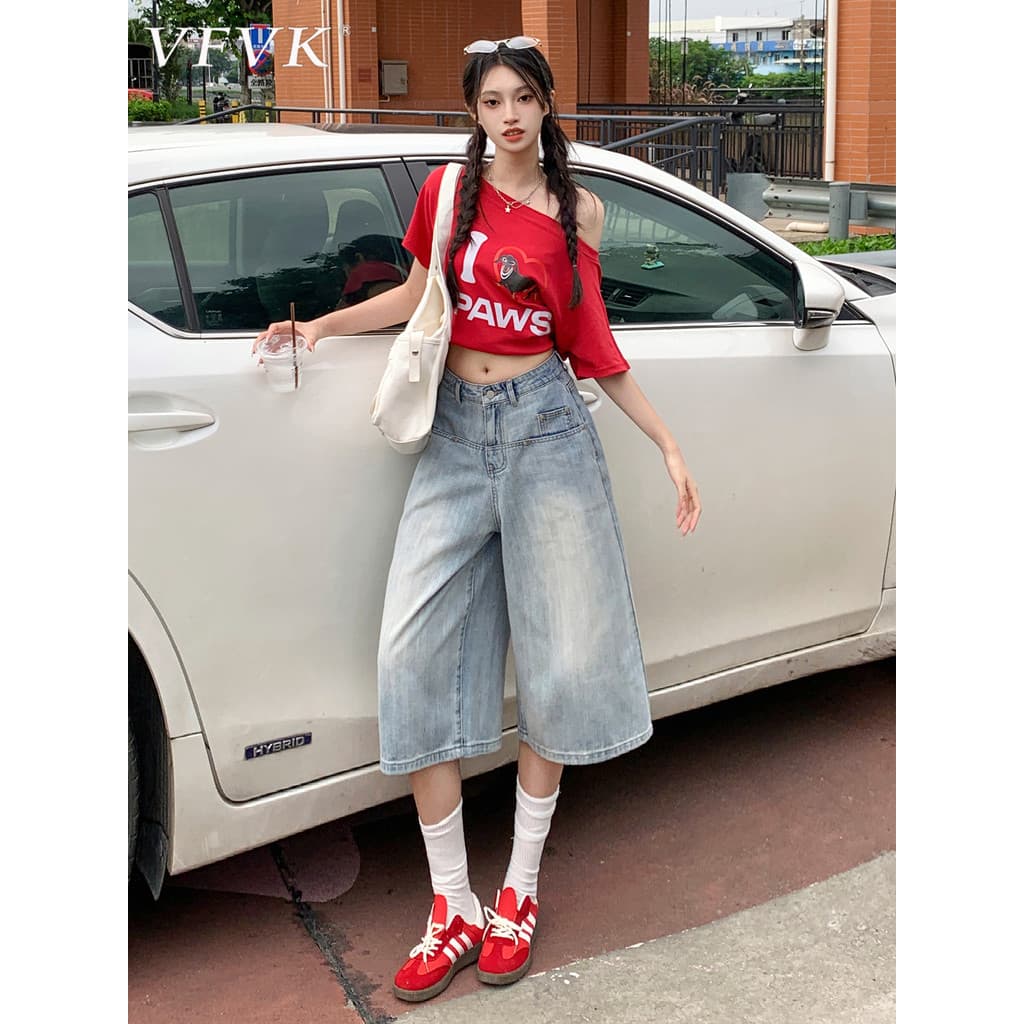 Vfvk azul claro perna larga Denim calças cortadas feminino verão 2026 novo estilo americano pequeno cintura alta solta m