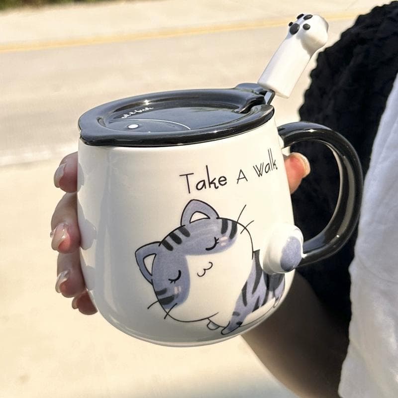 Caneca de copo de gato com tampa colher cerâmica copo de água cerâmica dos desenhos animados das mulheres dos homens cas