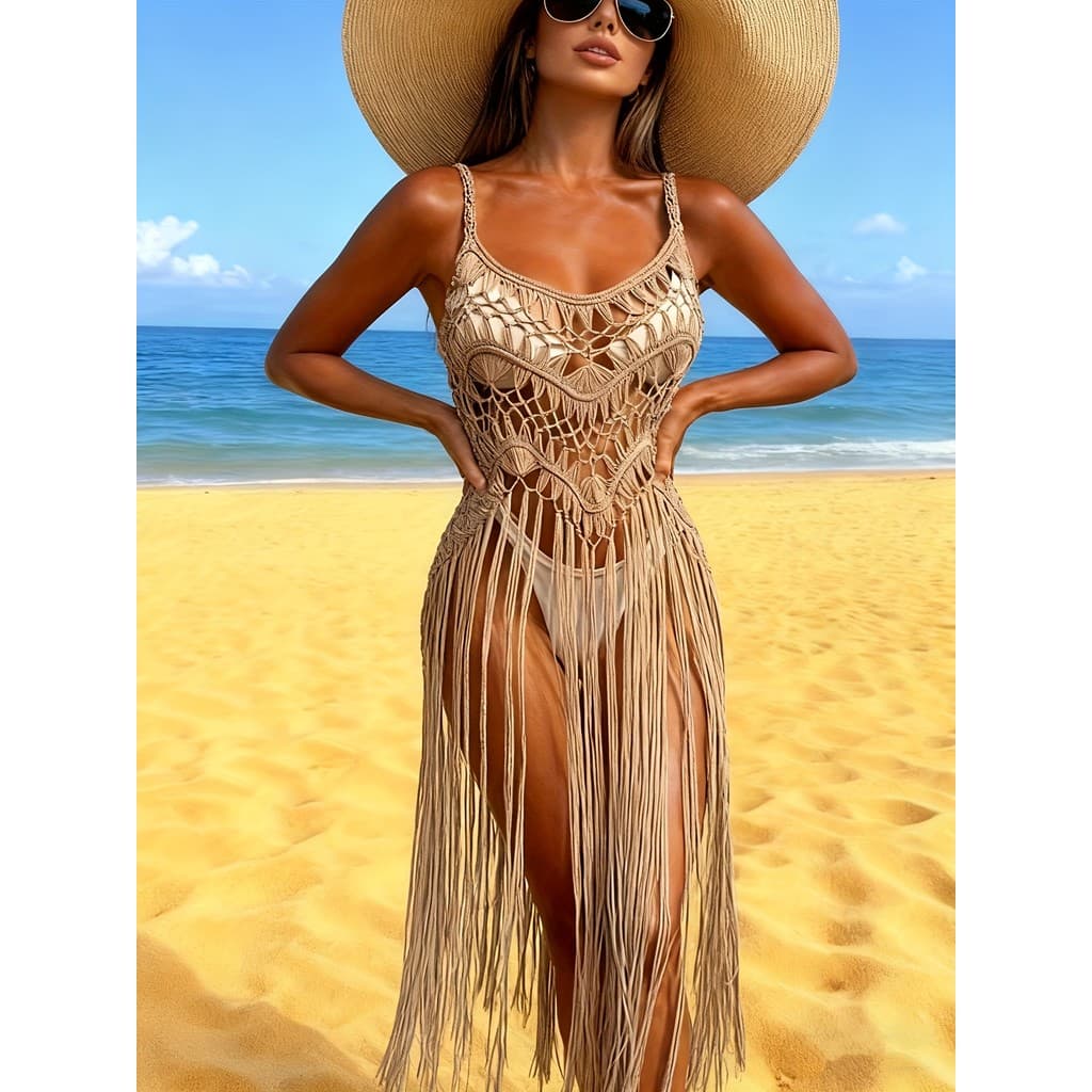 Vestido de Praia Feminino Sem Mangas, Moda Praia, Com Franjas, Crochê Boêmio, Saída de Praia, Vestido Cami de Crochê Fei