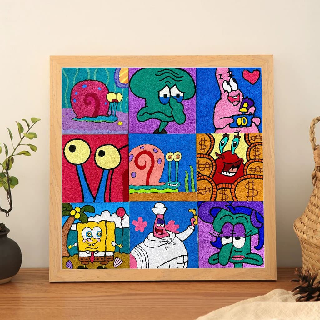 Bob Esponja Calça Quadrada Pintura a Óleo Jiugongge Moldura Quadrada 27cm Mesa de Madeira Maciça Pendurada Decoração de