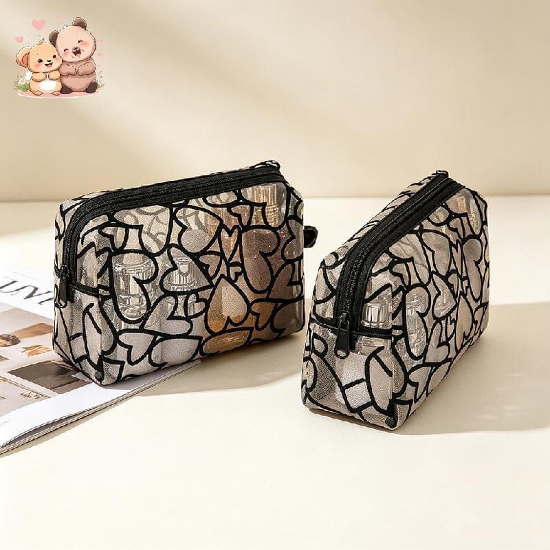 Bolsa Cosmética Transparente De Grande Capacidade Do Saco Da Composição Malha Coração Flocado