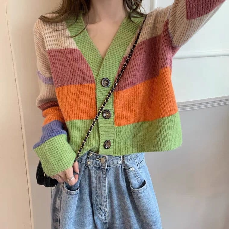 Outono inverno novo estilo cor curta combinando olhos brilhantes senhoras lã malha de manga comprida Cardigan feminino n