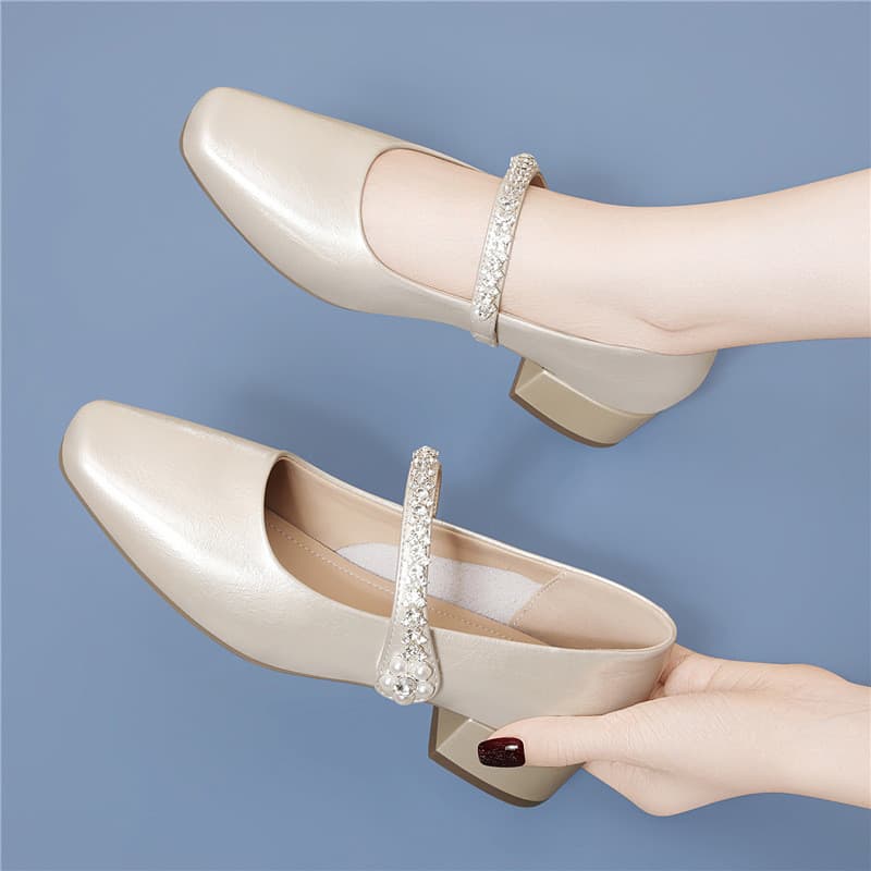 Sapatos Mary Jane de salto grosso com strass femininos com 2 dedos quadrados e salto baixo