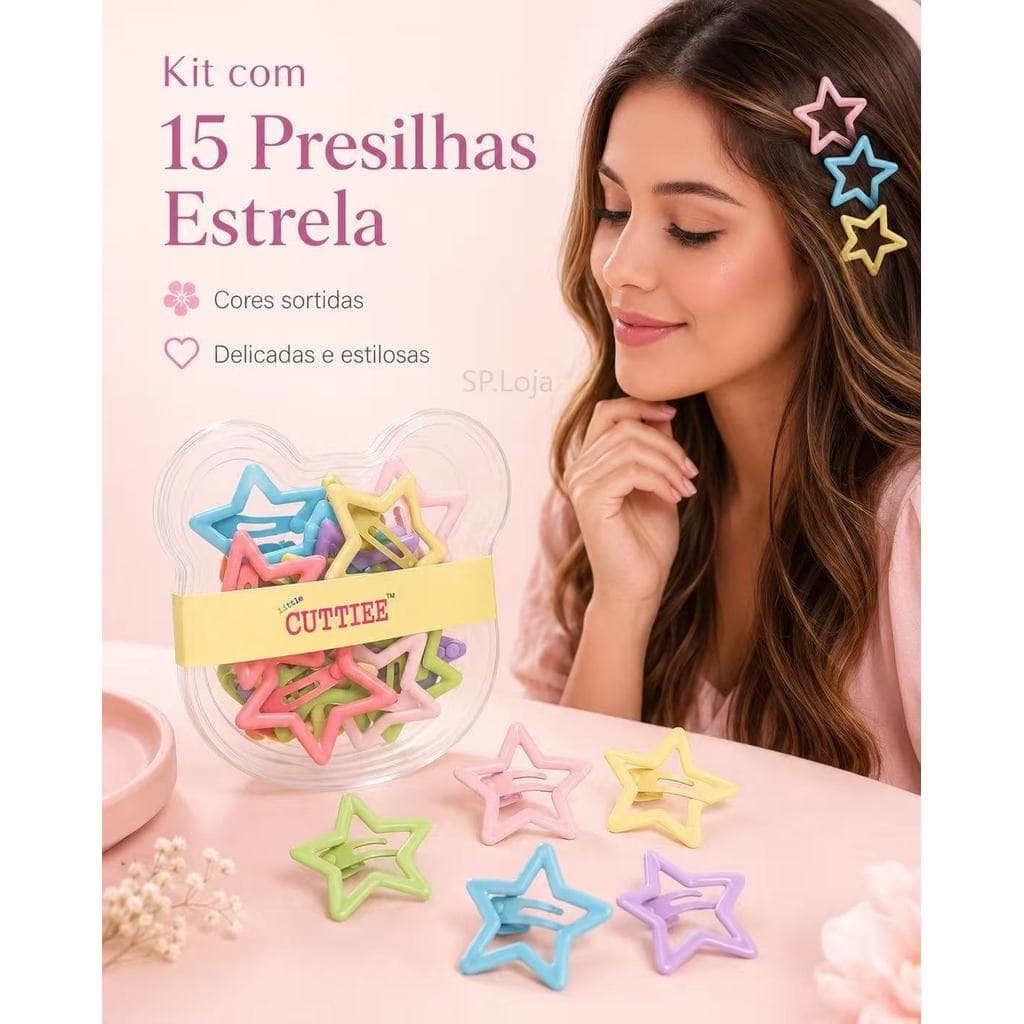 Caixa com presilhas de cabelo em formato de estrela, cores variadas (conjunto com 15)