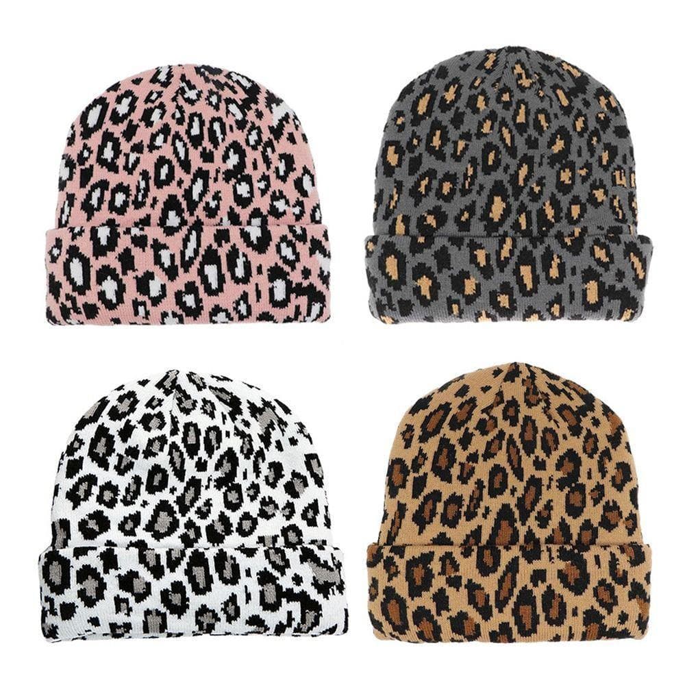 Gorro de Tricô Estampado de Leopardo, Chapéu Quente, Grosso e Macio Sem Aba, Jacquard Retrô Elástico Estilo Hip Hop