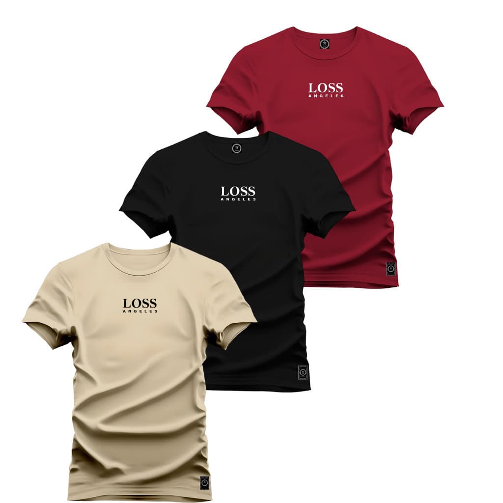 Kit 3 Camisetas Masculinas Loss Angeles 100% Algodão Premium Slim Fit Streetwear Urbano Vinho Preto Bege