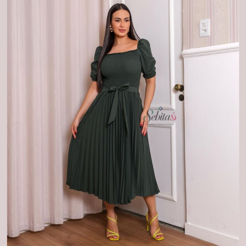 Vestido Midi Plissado Manga Curta Feminino Elegante Cintura Alta– Casual e Festa Plus Size