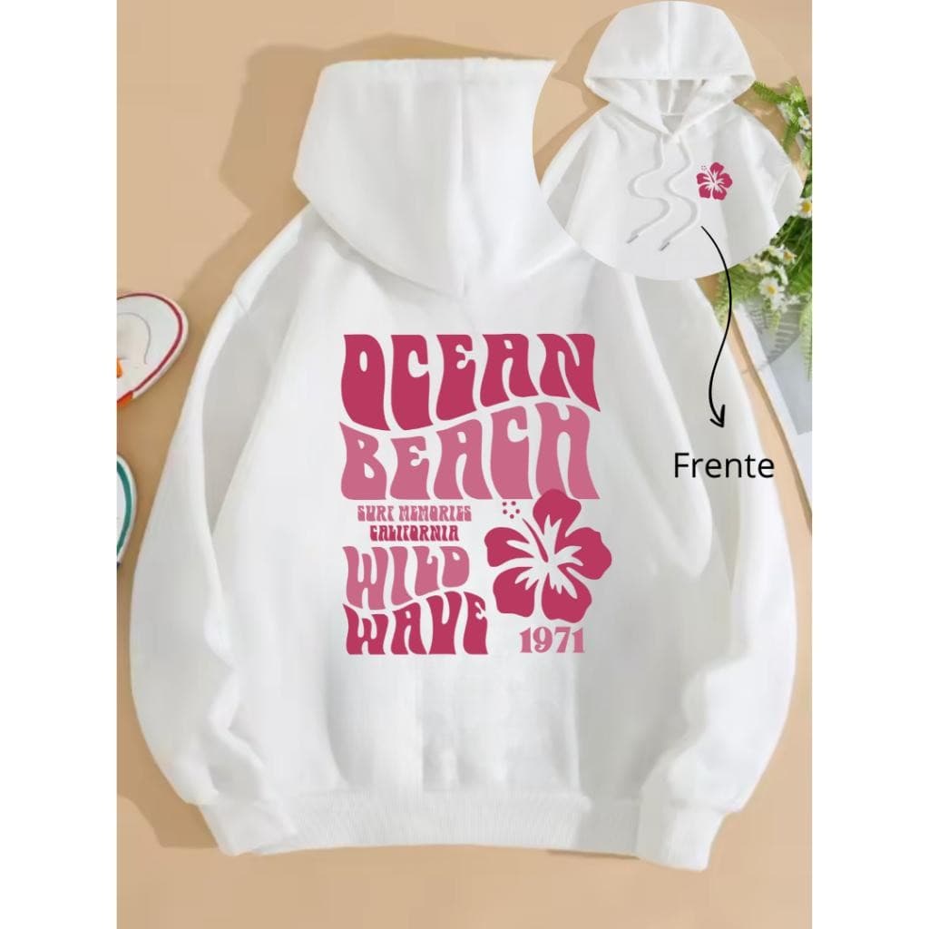 Moletom Canguru Unissex Estampado com Ocean Capuz Flanelado Algodão Blusa Casual Look Inverno Quente Feminino