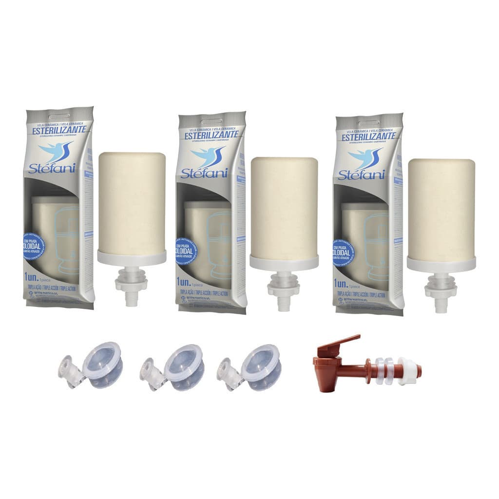 Kit 3 Velas Tripla Ação Filtro De Barro + 3 Boias + Torneira