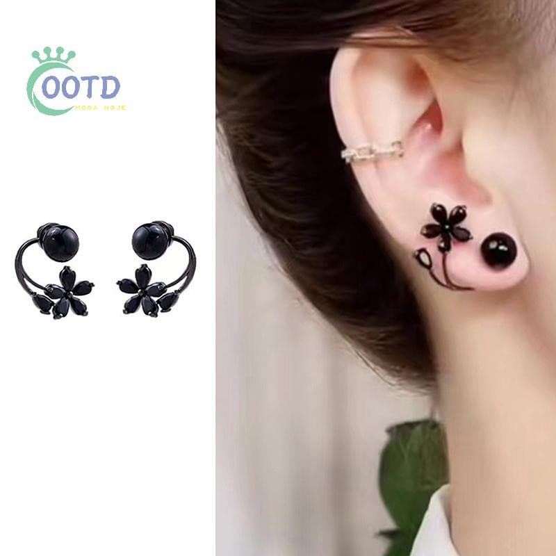 Moda Hoje Vintage Preto Zircão Flor Pérola Brincos Para Mulheres Coreano Elegante Personalidade Festa De Casamento Jóias