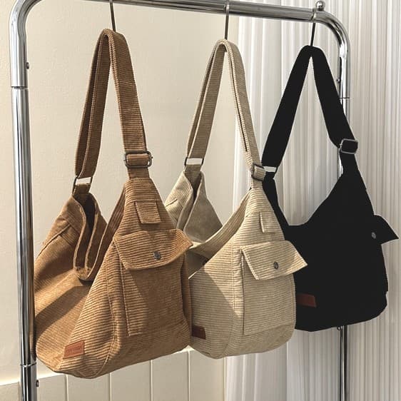 Bolsa Tiracolo de Veludo Cotelê com Grande Capacidade – Bolsa Transversal Universitária de Cor Sólida para Aula