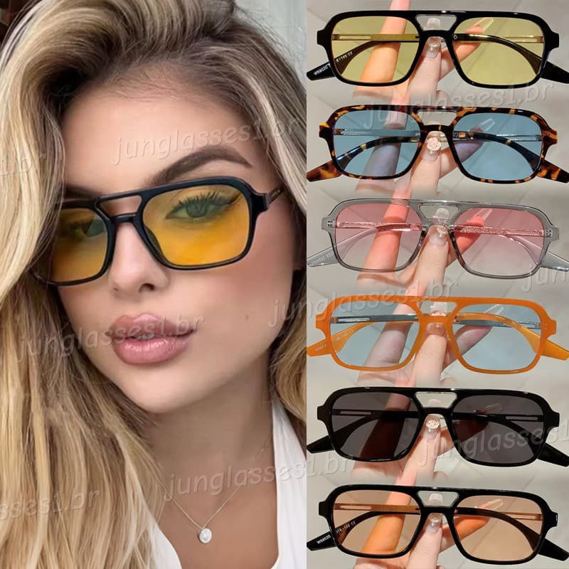 Novo Feixe Duplo Retro Tom De Chá Óculos De Sol Para Mulheres Masculino Quadrado Gradiente Rosa Estreito Transparente Qu