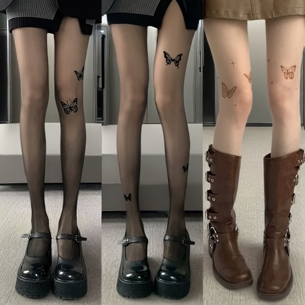3 Pares de Meias-Calças com Estampa de Borboleta, Meias-Calças Ultra-finas Y2K, Meias e Artigos de Vestuário para Mulher