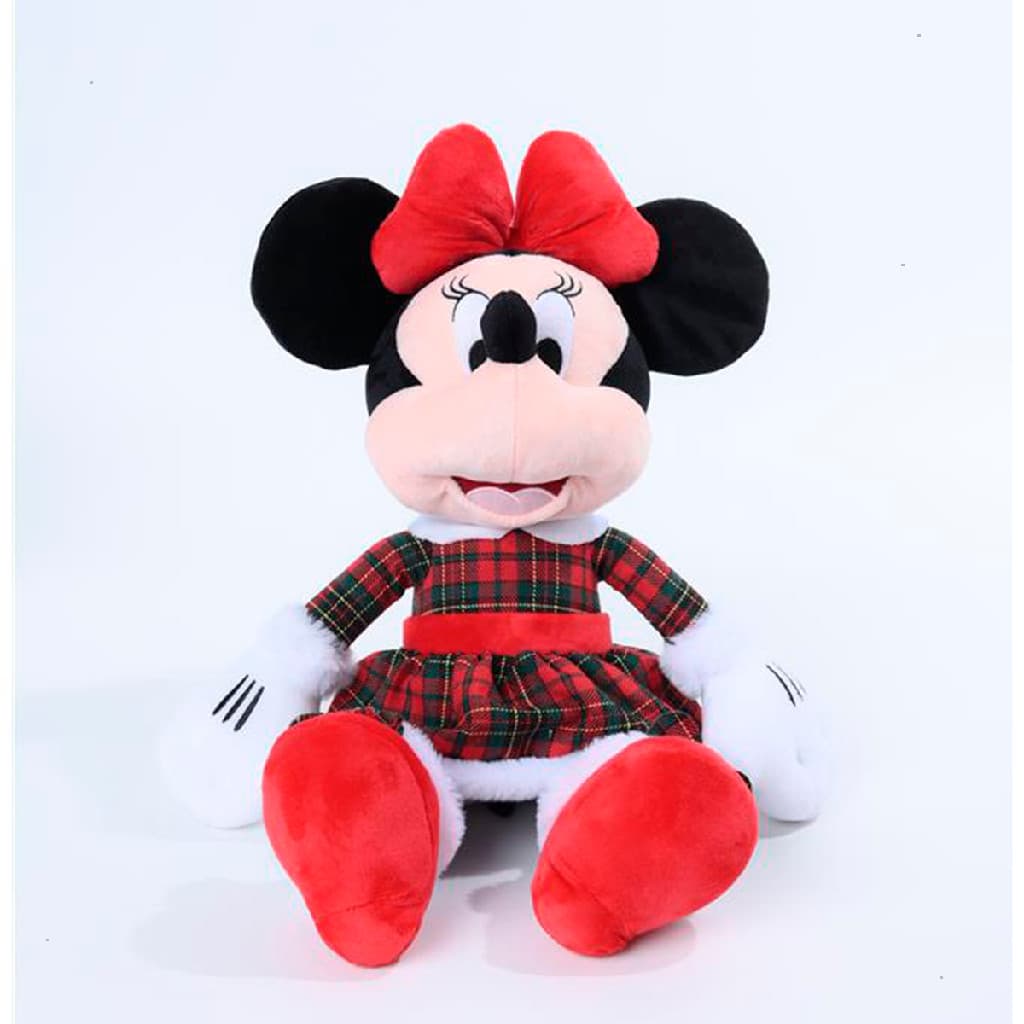 Boneco de pelúcia Minnie 30cm enfeite decorativo de natal vestido xadrez vermelho e verde