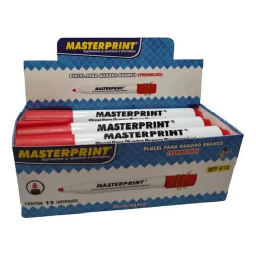 Pincel para Quadro Branco Vermelho MP619 Caixa com 12 Unidades Recarregável Masterprint