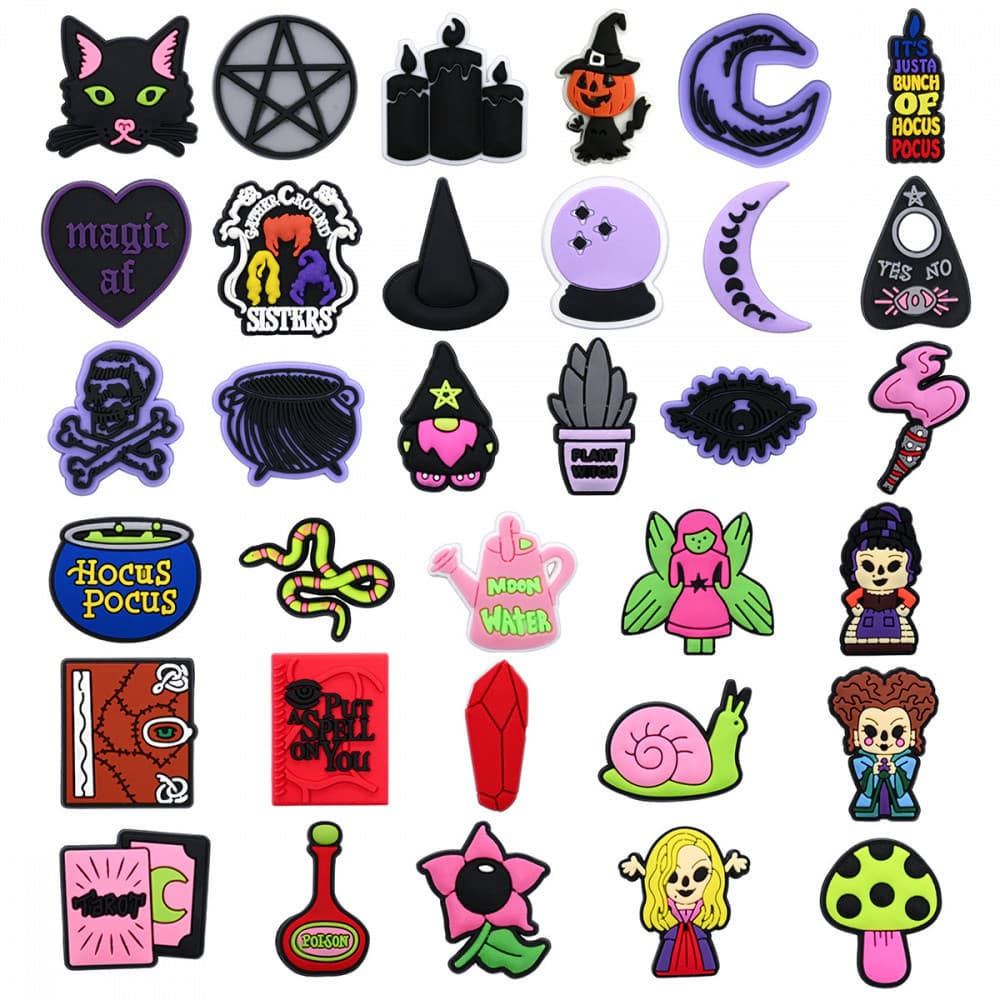 Encantos de Sapatos 32 Estilos de Decorações da Série de Bruxas de Desenho Animado Acessórios de PVC com Botão e Pingent