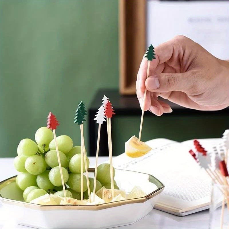100 Pçs Palito Espeto Natal Descartável Espetos De Bambu Picaretas De Comida Garfo De Frutas Bonito Festa Festiva Bolo S