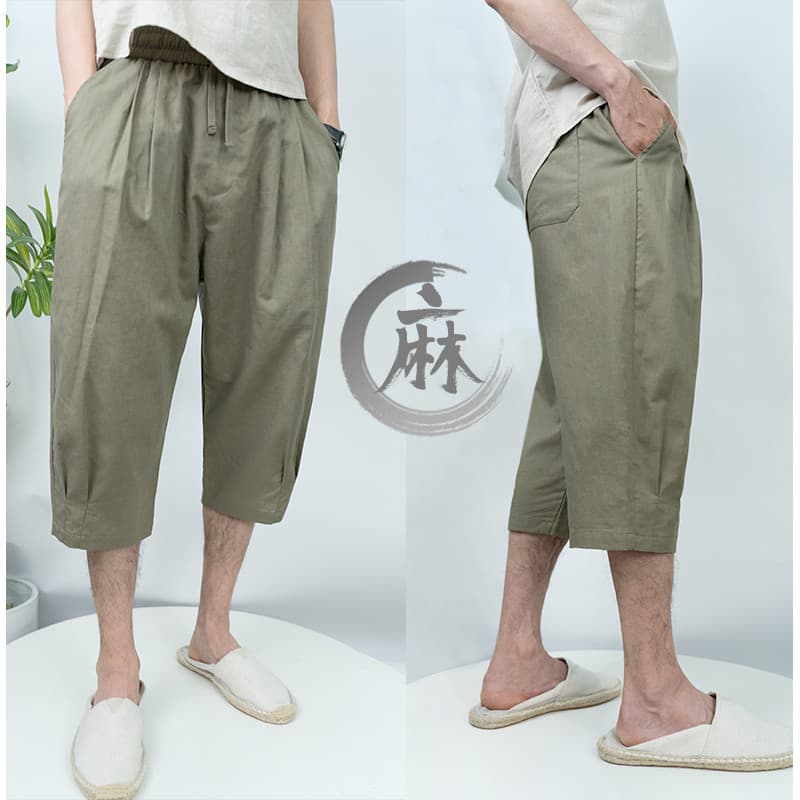 Calças cortadas de linho de algodão estilo japonês masculino verão estilo fino calças de 7 pontos de linho masculino Cas