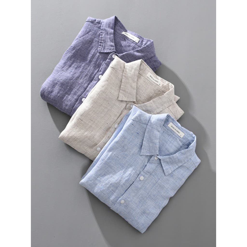 High-End puro linho camisa de manga comprida masculina Casual lapela topo primavera outono estilo fino camisa de linho c