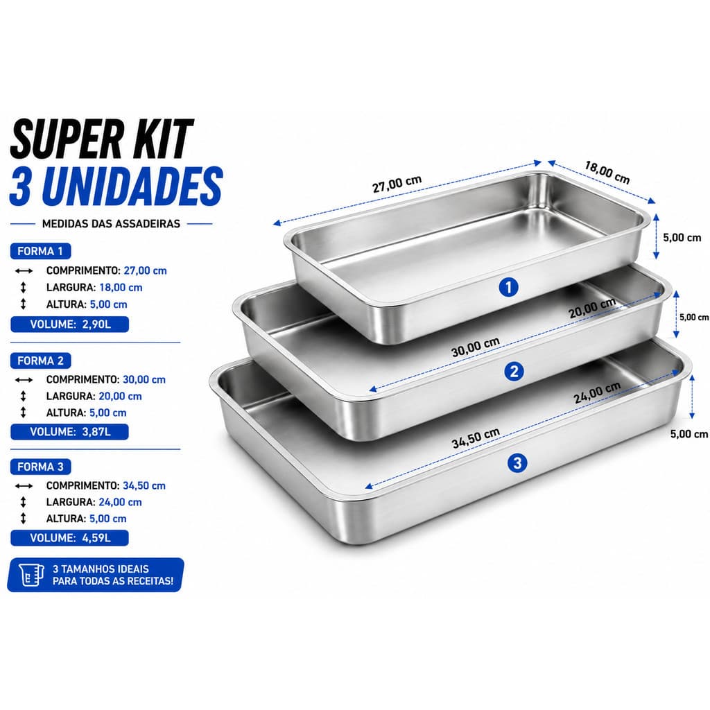 Kit com 3 Assadeiras Retangular Resistente de Aluminio para Bolo Torta