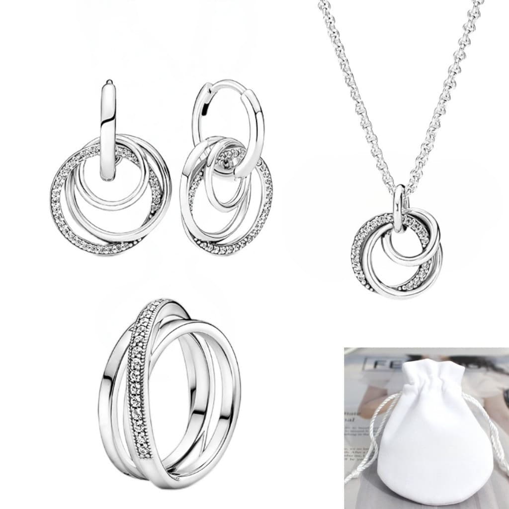 Conjunto de três peças em prata S925: anel, colar e brincos, brincos com pingente de cruz, conjunto de joias de moda fem