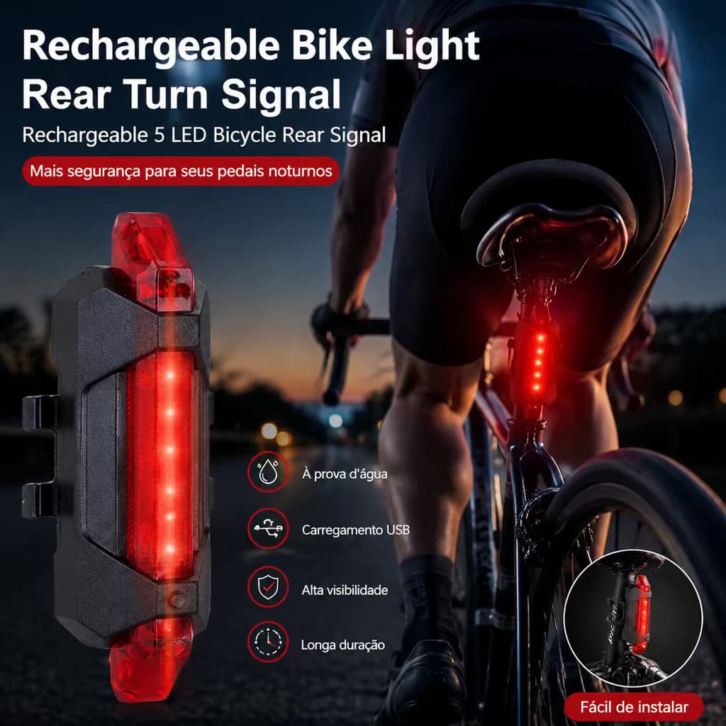 F4 Pisca Traseiro Lanterna de Bike Recarregável, Sinalizador Traseiro Bicicleta 5 Leds Recarregável.