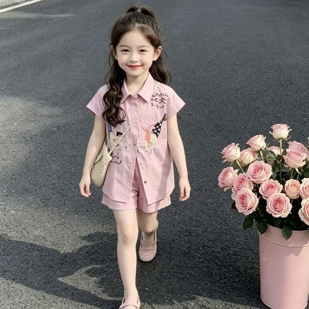 Meninas verão dopamina rosa camisa Shorts terno de duas peças bebê menina Super bonito literário Mori terno de manga cur
