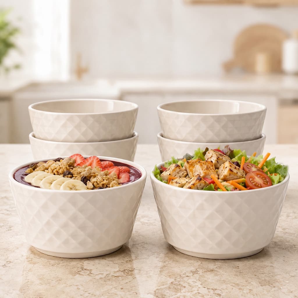 Kit 6 Tigelas de Cerâmica 385ml para Saladas e Frutas Cumbuca de Porcelana Sopas Bowls Mesa Posta