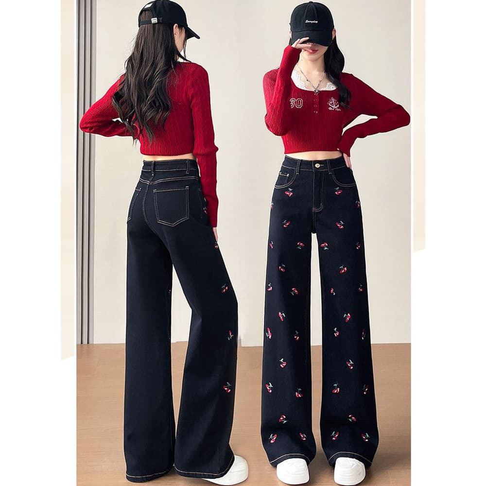 Calças femininas bordadas de cintura alta cereja bordado Jeans retos início do outono novo estilo elástico mais magro ol