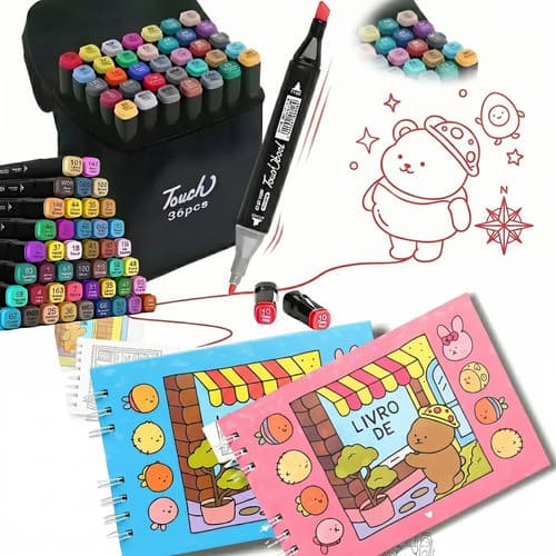 Kit Canetinha 36 Cores + 2 Livros Colorir  Kawaii Infantil