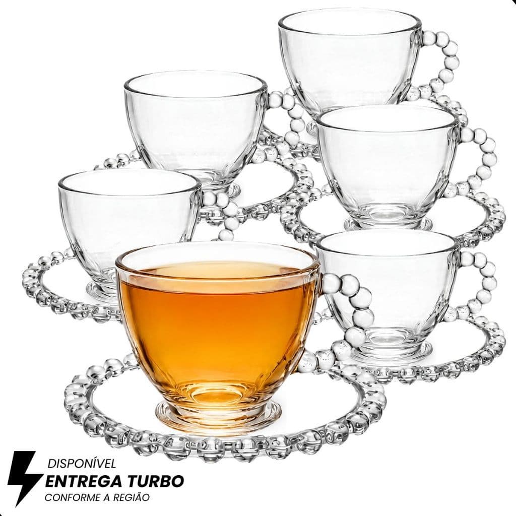 Jogo De Xícaras E Pires Em Vidro Transparente 12 Peças Para Chá Café 220ml Pearl Pérola Bolinha
