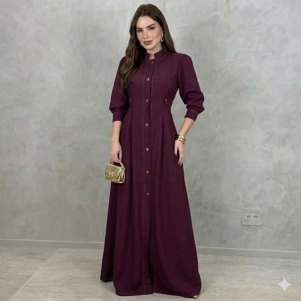 Vestido Longo Feminino Elegante Com Botões E Mangas 3/4 Modesta Casual Tendencia