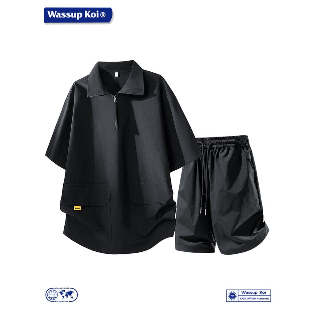WASSUP KOI Terno masculino de manga curta verão solto Street Wear com zíper ferramentas bolso grande terno esportivo de