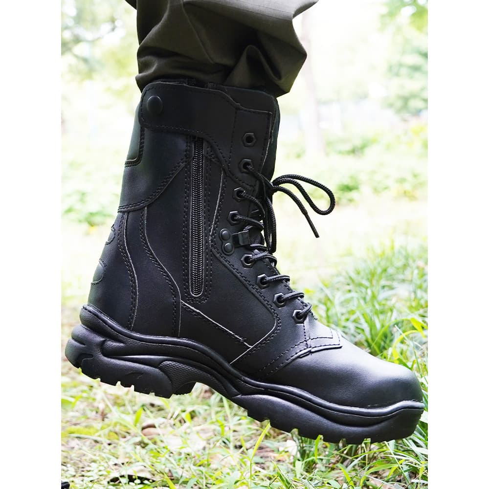 Botas de combate clássicas com zíper de cano alto, botas masculinas com biqueira de aço, botas gerais para treinamento A