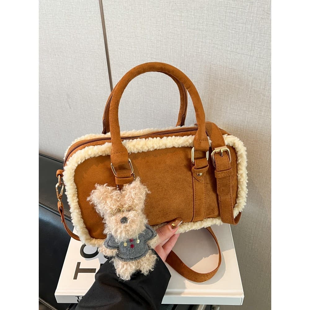 Retro lã de cordeiro saco de boliche feminino 2025 novo estilo camurça bolsa nicho Casual ombro saco do mensageiro