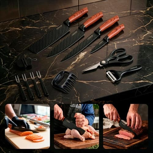 Jogo de Facas London Wood 11 Peças Cabo Madeira Faca Chef Pão Tesoura Amolador Cozinha Completo