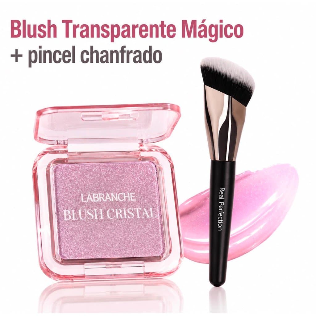 Blush Cristal Mágico Transparente 3 em 1 + Pincel Chanfrado Profissional Efeito Natural