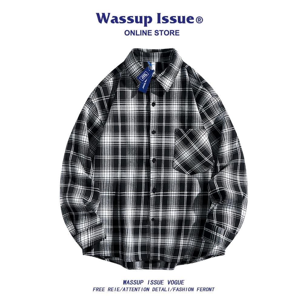 WASSUP ISSUE Americano Casual Workwear Camisa Xadrez Jaqueta Masculina Primavera Outono Moda Camisa Solta Masculina