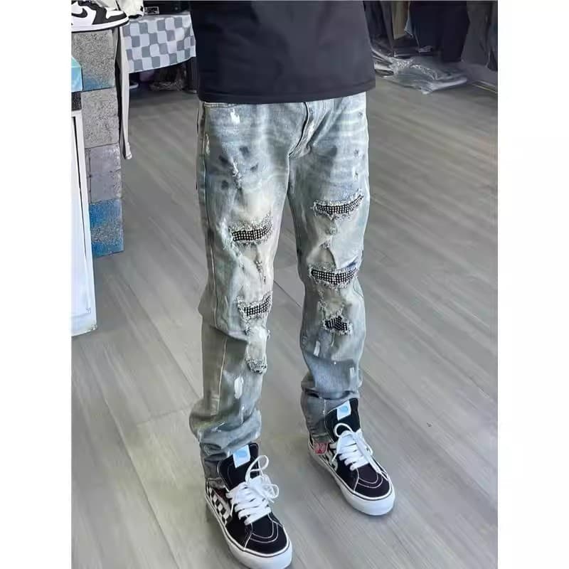Design estilo americano Casual Jeans masculino falso rasgado respingo tinta em linha reta calças de perna larga primaver