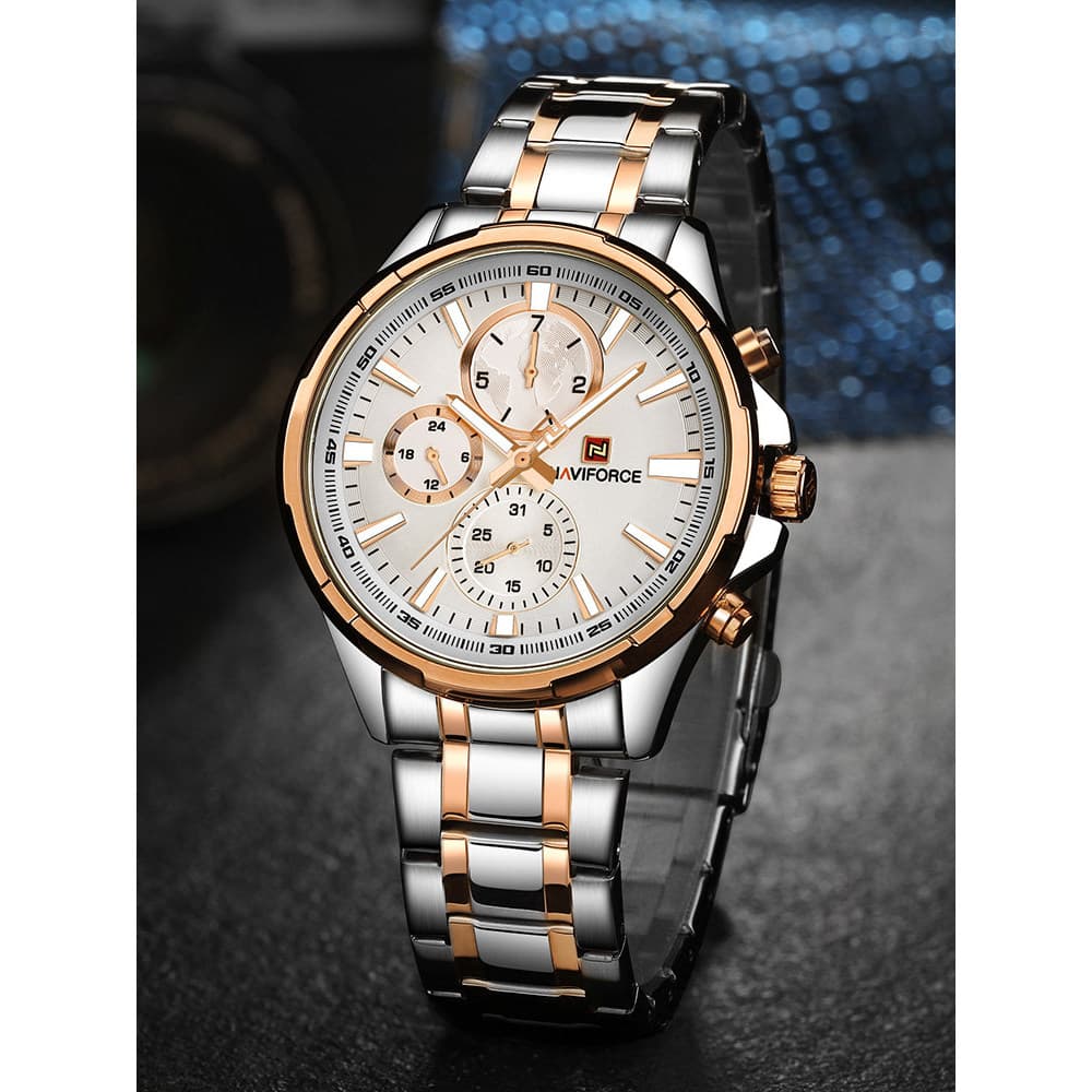 NAVIFORCE Leading Local Tyrant Gold Três Mostradores Relógio Esportivo Masculino de Seis Mãos com Pulseira de Aço Moda R