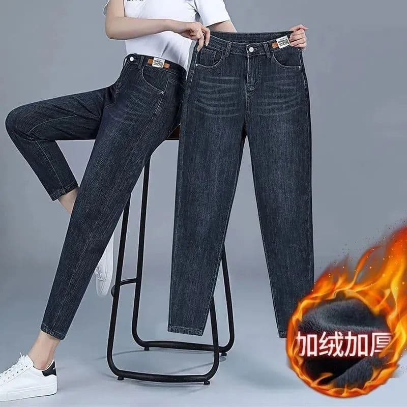 Forro de lã engrossado cintura alta mais magro olhar coreano Casual cenoura calças jeans feminino novo estilo jeans pequ