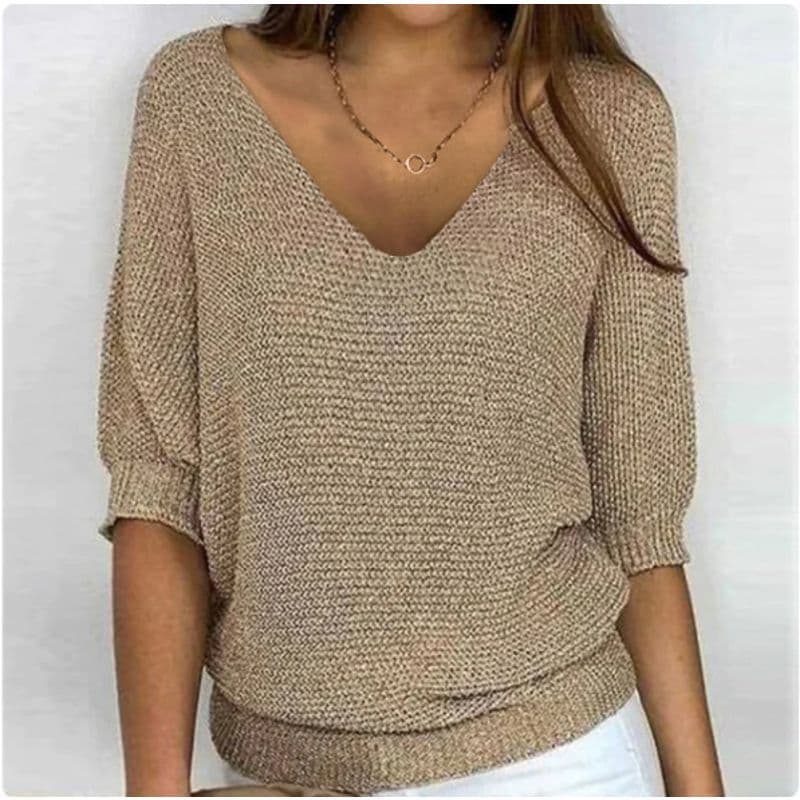 Camisola Casual estilo básico mais magro olhar com decote em V manga três quartos cor sólida Swe