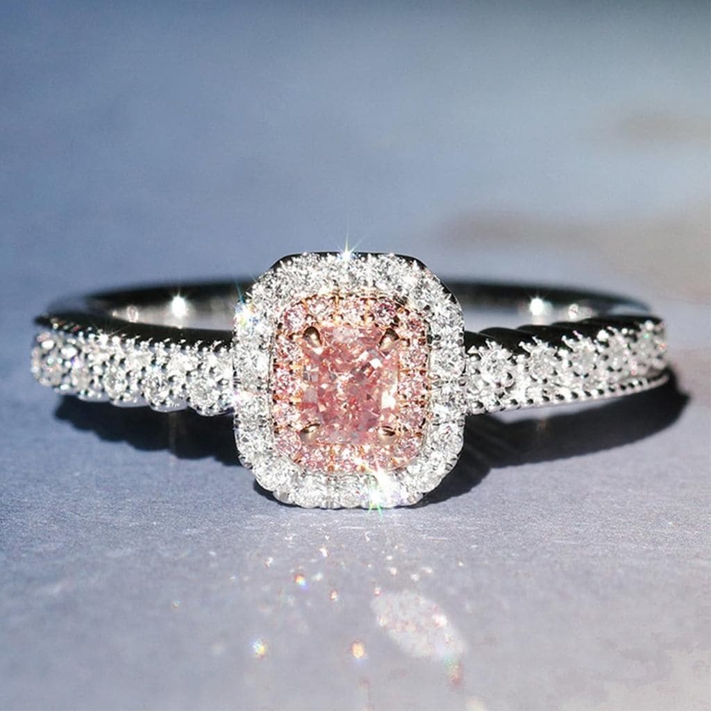 1 peça de anel de zircônia rosa quadrada com quatro garras em ouro e ouro rosado para mulheres, presente de anive