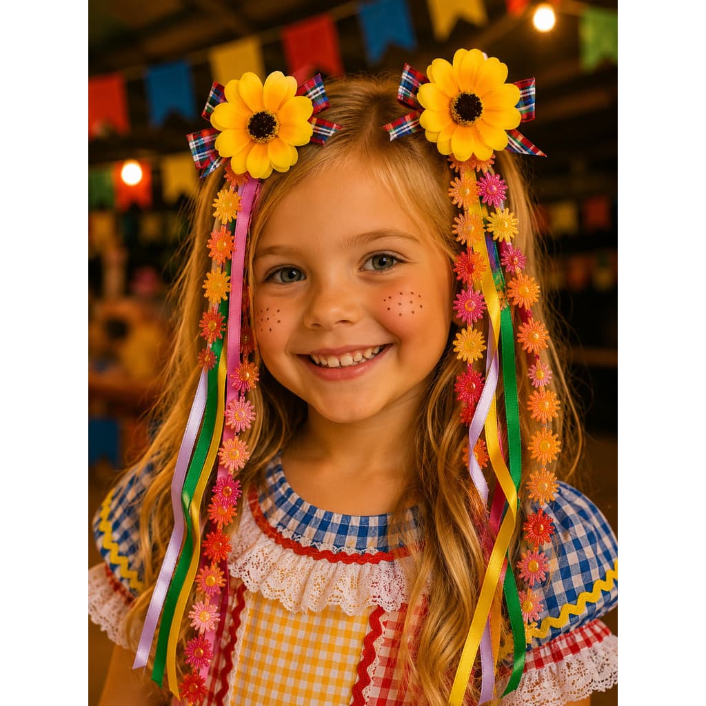Par de Chapéuzinho Festa Junina com presilha bico de pato e fitas compridas