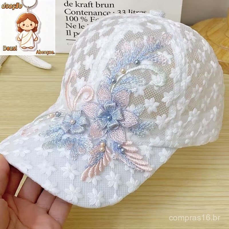 Chapéu de Sol Feminino, Chapéu de Renda Fina, Boné de Beisebol Bordado com Flores
