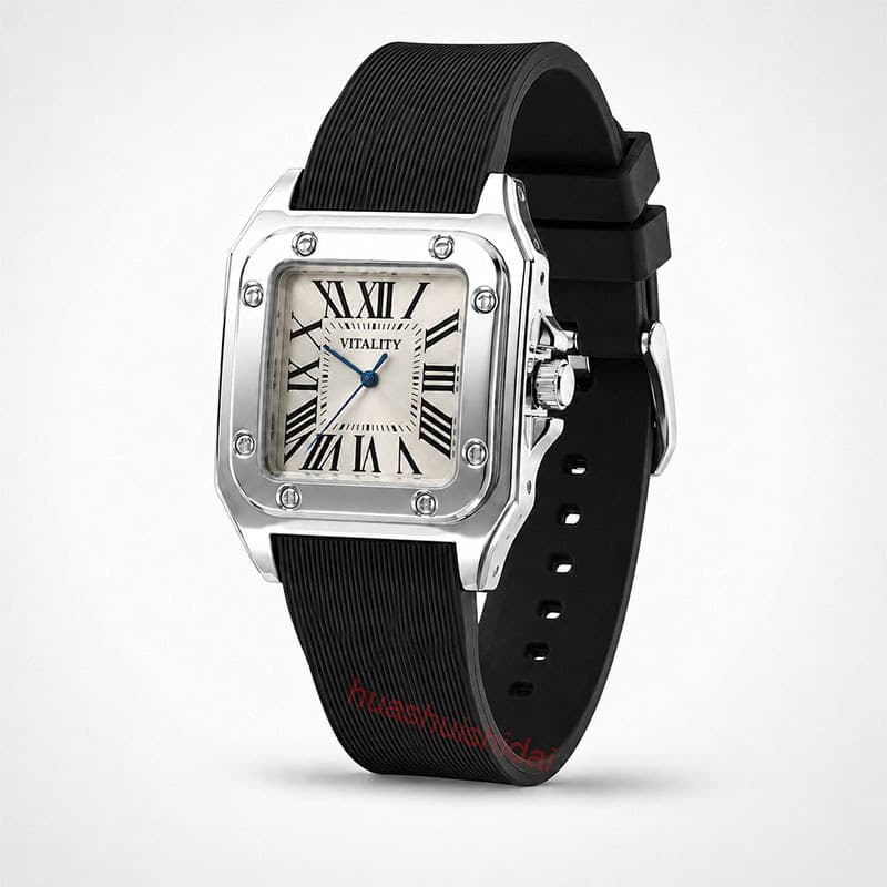 Relógio De Quartzo Quadrado Masculino Numeral Romano Pulso Analógico Com Pulseira De Silicone Nervuras Pretas Casual Diá
